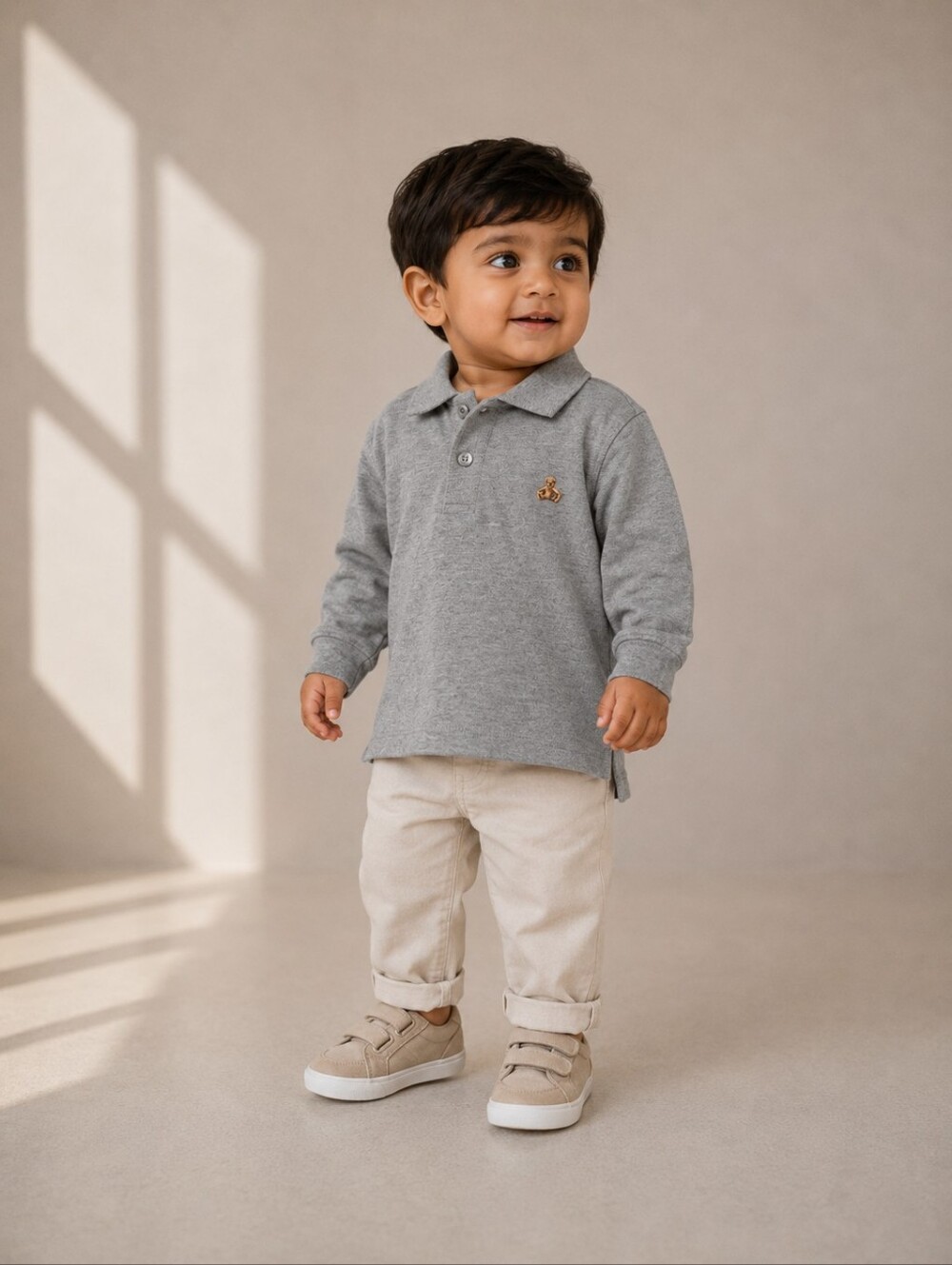 Baby Gap Gray Long Sleeve Polo Shirt Bear Logo 12-18M Preppy